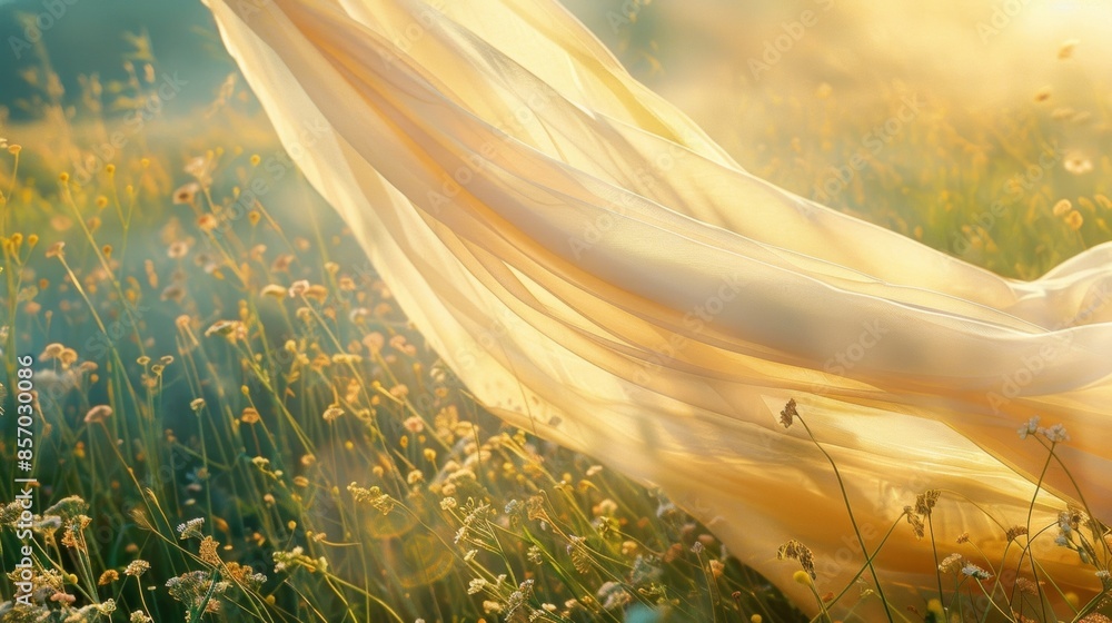 Poster sunlight filters through the flowing fabric casting a serene glow over the tranquil meadow.
