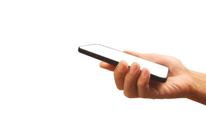 Hand holding smartphone device and touching screen