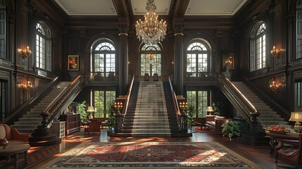 The grandeur of a historic mansion's foyer, with a sweeping staircase, intricate moldings, and a sparkling chandelier, evoking a sense of timeless elegance. Illustration, Minimalism,