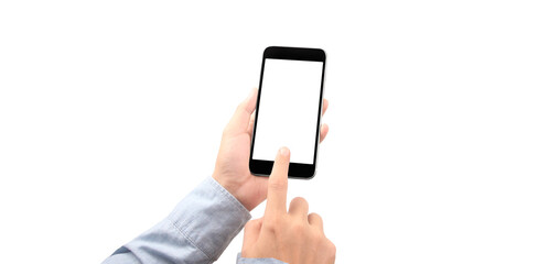 Hand holding smartphone device and touching screen