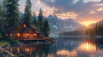 Fototapeta premium A tranquil lakeside cabin surrounded by towering pine trees, with a rustic wooden deck offering panoramic views of the water and distant mountains. Illustration, Minimalism,