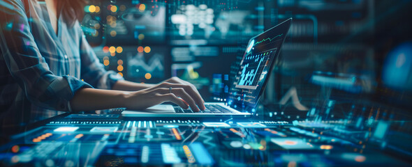 A professional operates a laptop amidst a vivid, futuristic control panel, showcasing the intricate interplay of technology and data management in a state-of-the-art operational setting.