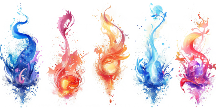 set of magical transformations, showing objects or creatures changing form in a burst of light on a white canvas.