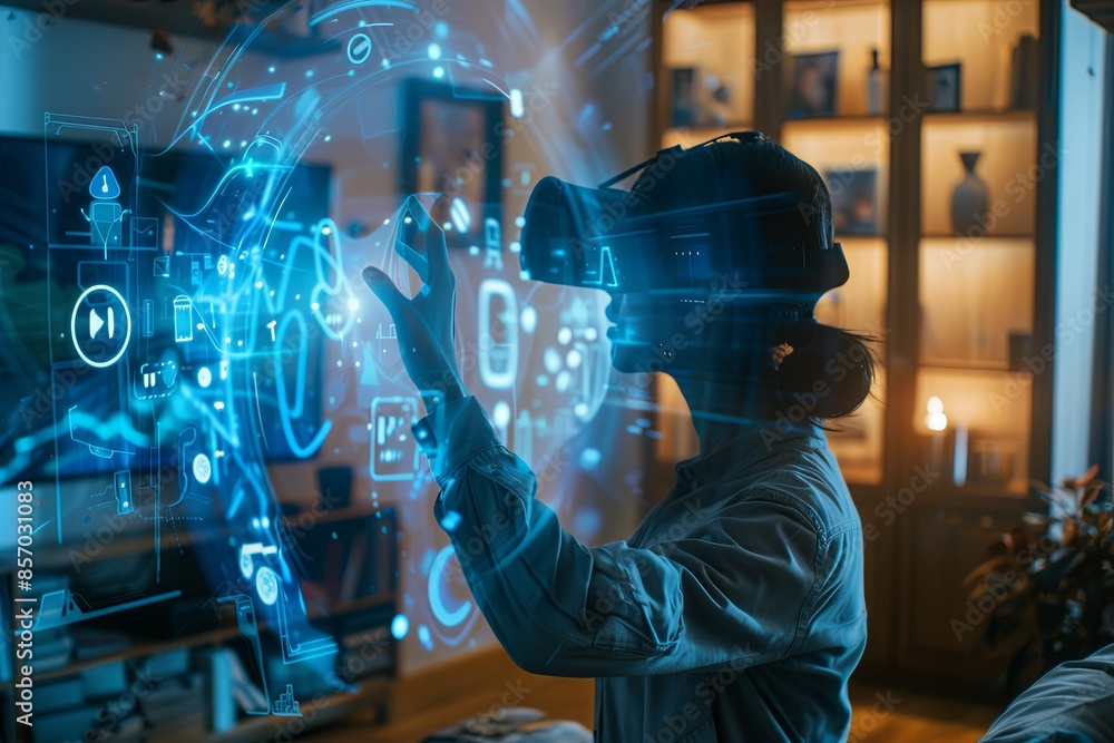 Poster a vr user engages with a holographic ai assistant in a modern room, displaying data on a digital int