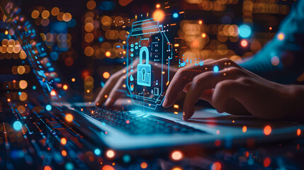 Hands interact with a laptop displaying a digital lock icon, amidst glowing data streams, symbolizing advanced cybersecurity in a high-tech environment.