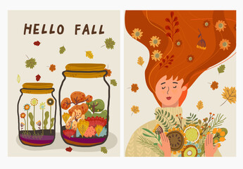 A set of fall vertical illustrations about fall with people and nature. Hand drawing vector.