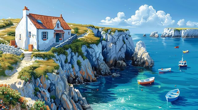 A quaint seaside cottage perched atop rugged cliffs, with a weathered shingle roof and colorful fishing boats bobbing in the sparkling blue waters below. Illustration, Minimalism,