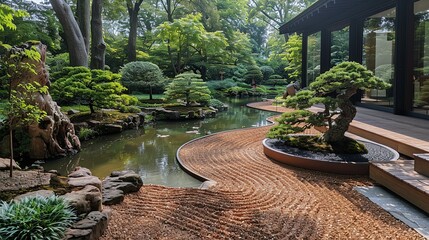 The serene beauty of a Japanese garden, with meticulously raked gravel paths, tranquil ponds, and lush bonsai trees carefully pruned into artistic shapes. Illustration, Minimalism,