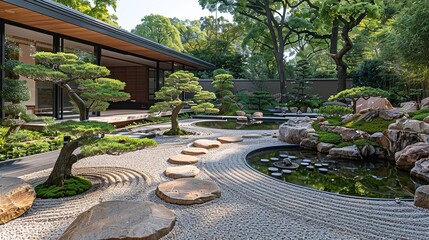 Obraz premium The serene beauty of a Japanese garden, with meticulously raked gravel paths, tranquil ponds, and lush bonsai trees carefully pruned into artistic shapes. Illustration, Minimalism,