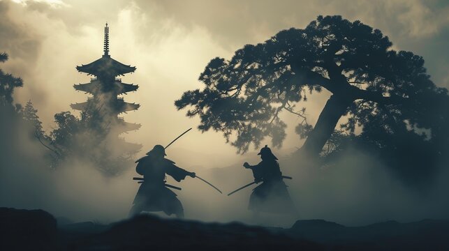 Samurai fighting concept. Silhouette of samurais in duel near tree and old temple