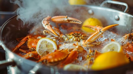 Boiling Crabs with Aromatic Spices and Lemons on Isolated Background