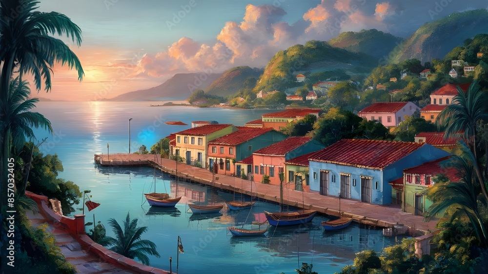 Wall mural Atmospheric landscape of a small town by the caribbean sea, oil painting illustration