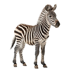 Close-up image of a zebra standing against a white background. Perfect for wildlife and nature-themed designs and projects.