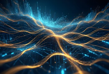 Abstract blue tech background with digital waves, dynamic network system, artificial neural connections, cyber quantum computing and electronic global.