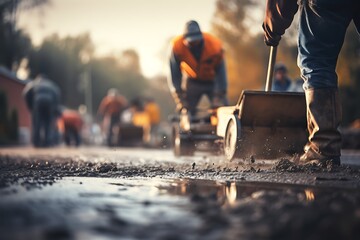 Workers are working on the construction of a new road in the city.