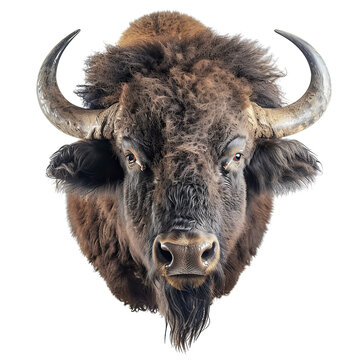 A majestic bison head with sharp horns isolated on transparent background, showcasing its rugged texture and fierce gaze.