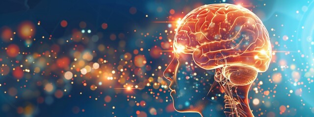 long horizontal image, front view, abstract science concept, brain. Copy space for text on a blue background. For World Brain, Day, migraine, banner, design, LinkedIn