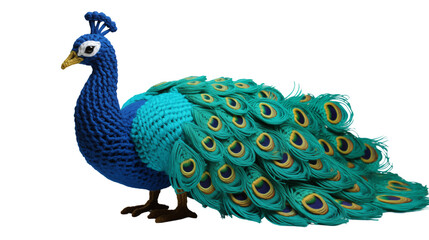 Obraz premium Knitted peacock soft toy/ decor isolated on a transparent background. Handcrafted eco-friendly decor/ ornament.