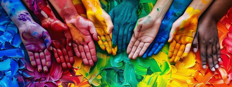 horizontal image, top view, different hands in colored paint. Equal community concept. Colorful background. For banner, design, business, poster, social media, LinkedIn