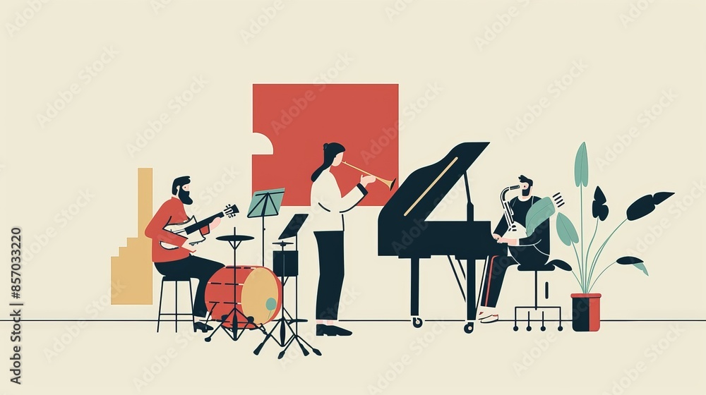 Poster vibrant 2d flat illustration of a university music class with students playing instruments in clean 