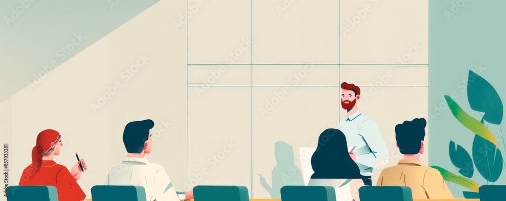 Poster interactive language learning in university classroom - minimalist 2d flat illustration with teacher