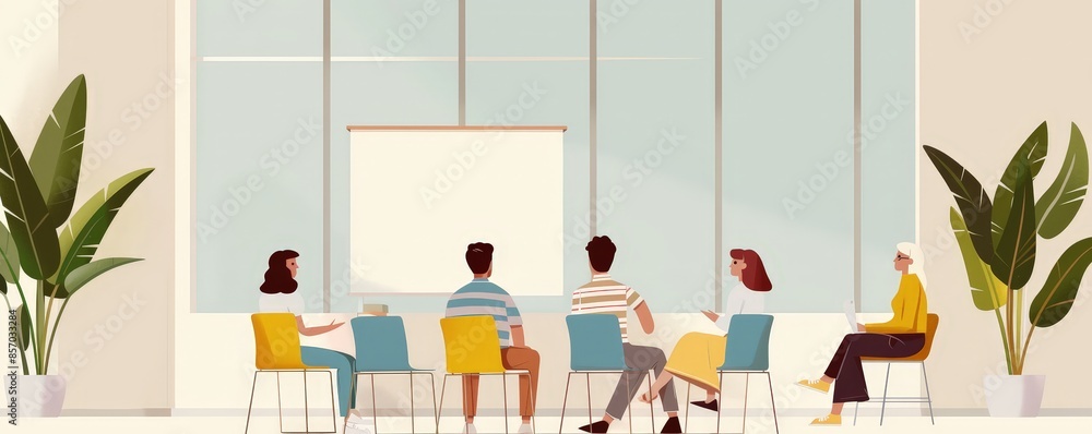Poster interactive language learning in university classroom - 2d flat illustration with conversations prac