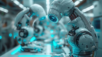 Fototapeta premium Close Up of a White Industrial Robot Arm Working in a Factory