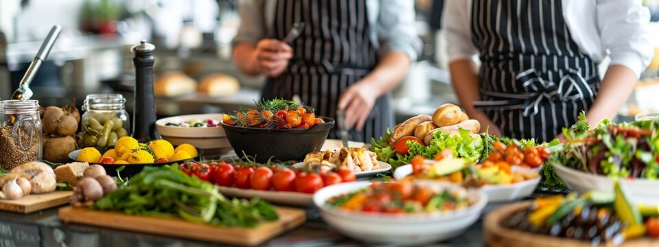 horizontal image, front view cooking classl. Lifestyle image. For banner, design, business, LinkedIn, social media, profile, shop, market, ad