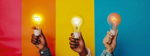 horizontal image, front view, three different hands holding a lightbulb. Teamwork concept. For banner, design, business, social media, ecology, thumbnail, LinkedIn, cover, blog
