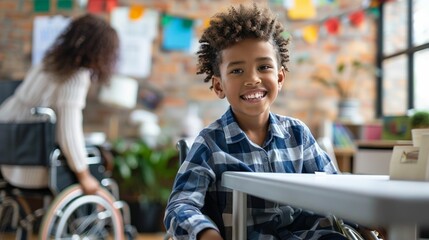 horizontal image, front view, happy afro american schoolkid boy wearing white shirt. Classroom background. Back to school concept. For banner, design, social media, linkedin