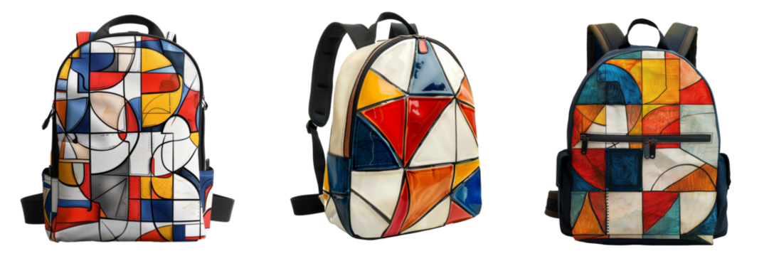 Backpack with Mosaic Geometric Shapes Isolated on Transparent or White Background, PNG - Powered by Adobe