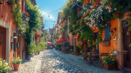 Fototapeta premium The quaint charm of a cobblestone alleyway lined with historic buildings, flowering vines climbing up the walls, and cozy cafes with outdoor seating spilling onto the sidewalks. Illustration,