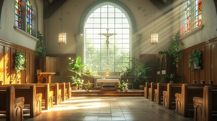 The serene interior of a countryside church, with sunlight streaming through stained glass windows, wooden pews, and a sense of quiet reverence enveloping the space. Illustration, Minimalism,