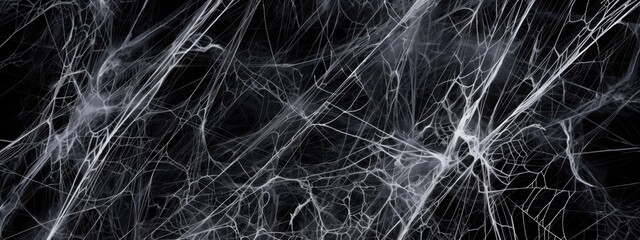 Spider webs on a black panoramic background with copyspace, spooky banner for Halloween decorations, scary school or home party