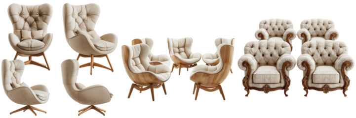 Set of Comfortable Armchairs Set Isolated on Transparent or White Background, PNG