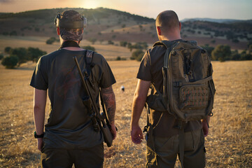 two hunters walk looking for their prey