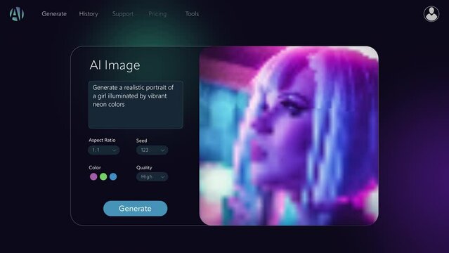 Concept of AI Chatbot Interface Generate 3D Model: Portrait of a Girl Illuminated by Neon Colors. Advanced Text-to-image Artificial Intelligence Generated Photo. From Text Prompt to Realistic Image.