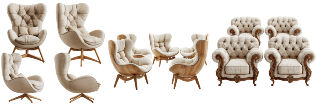 Set of Comfortable Armchairs Set Isolated on Transparent or White Background, PNG