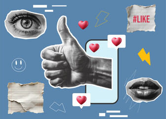 business collage with halftones and paper, a man's hand with a finger up gets out of the phone