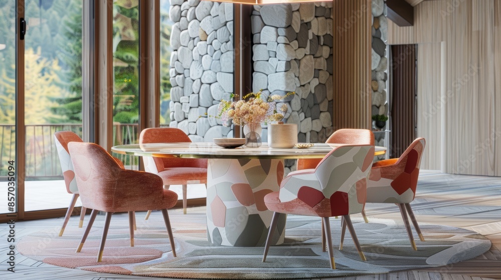 Poster a round table with a geometric floral pattern in soft pastel hues adding a touch of whimsy to the mo