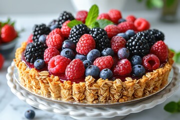 A fresh fruit tart with a crust made from oats and nuts, topped with a variety of berries and a light glaze. 