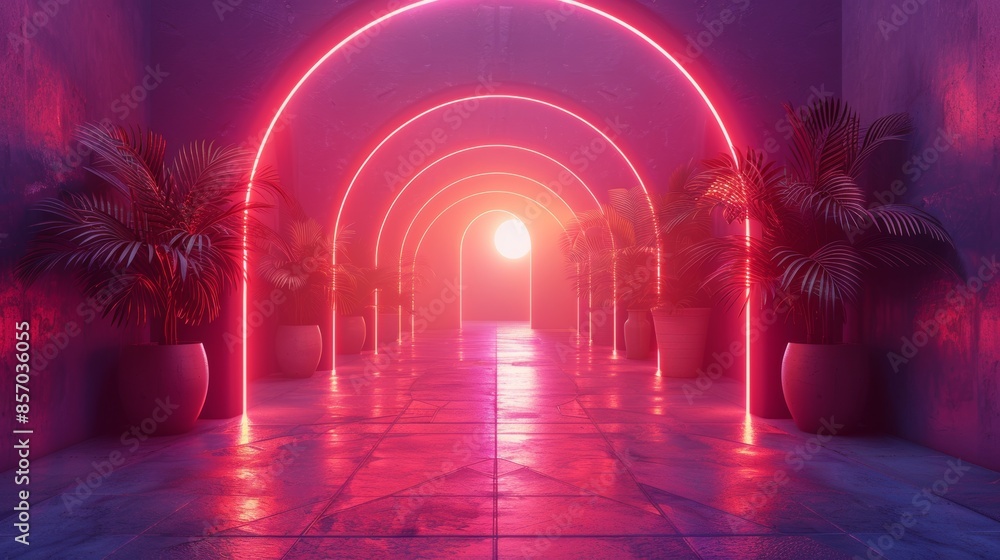 Poster minimal abstract background with neon palm leaves emanating from arches in perspective, creating a c
