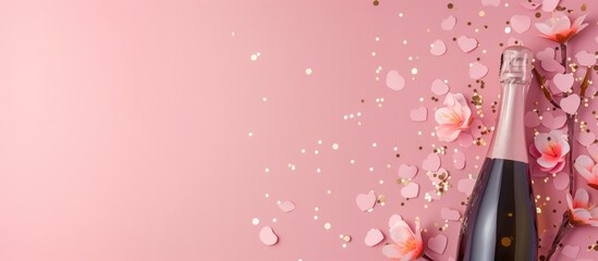 Pink champagne bottle with confetti and flowers, flat lay top view, pink background for bridal shower, wedding, bachelorette party, gender reveal celebration