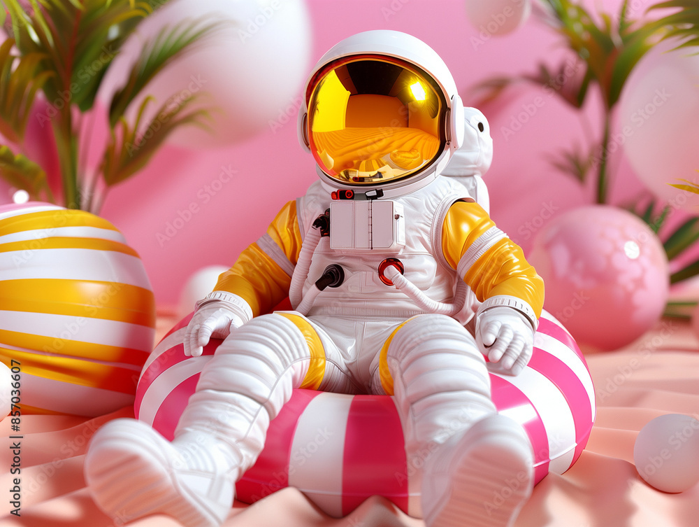 Wall mural surreal scene of an astronaut lounging on a striped inflatable in a vibrant, whimsical setting. the 