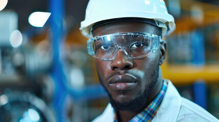 Close-up portrait of an engineer wearing a white hard hat and safety goggles in a factory environment, symbolizing precision and safety.