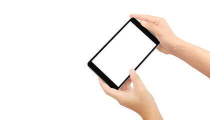 Hand holding smartphone device and touching screen