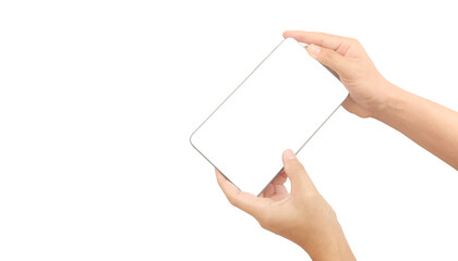 Hand holding smartphone device and touching screen