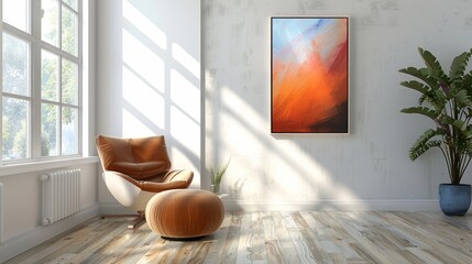 artistic wall dcor, a white canvas frame hangs on the wall, creating a stylish backdrop for displaying a special artwork, accentuating the interior design with a personal touch