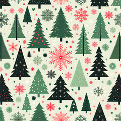 Obraz premium Christmas trees and flakes in modern minimalist geometric style. Story templates, posters, cards. Colorful illustration