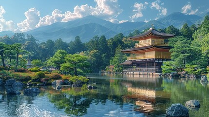 Obraz premium A tranquil Buddhist temple nestled in the mountains of Kyoto, with ornate pagodas and serene gardens, offering a peaceful retreat from the hustle and bustle of city life. Illustration, Minimalism,